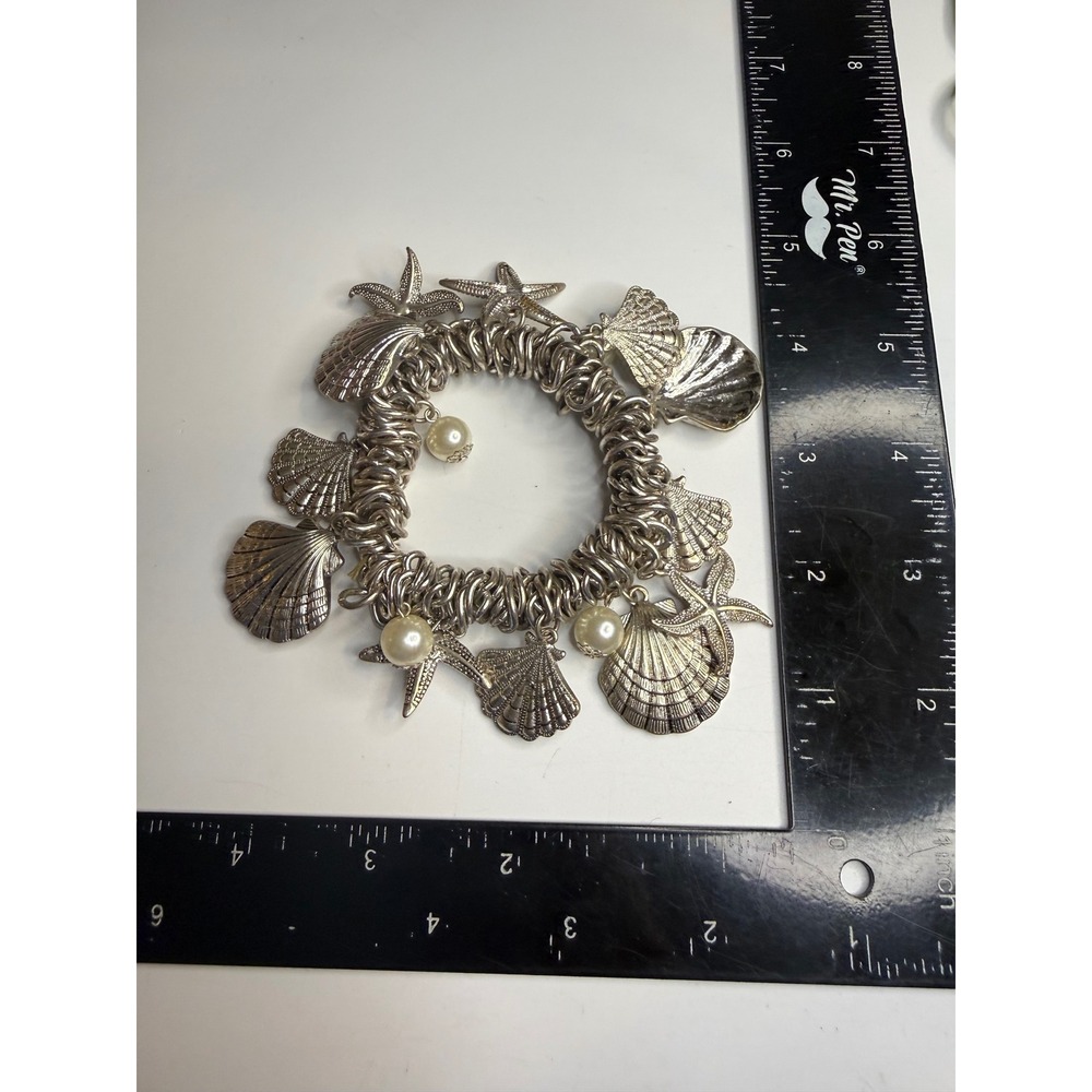 Silver Tone Nautical Shell Starfish Faux Pearl Stretch Charm Bracelet Coastal